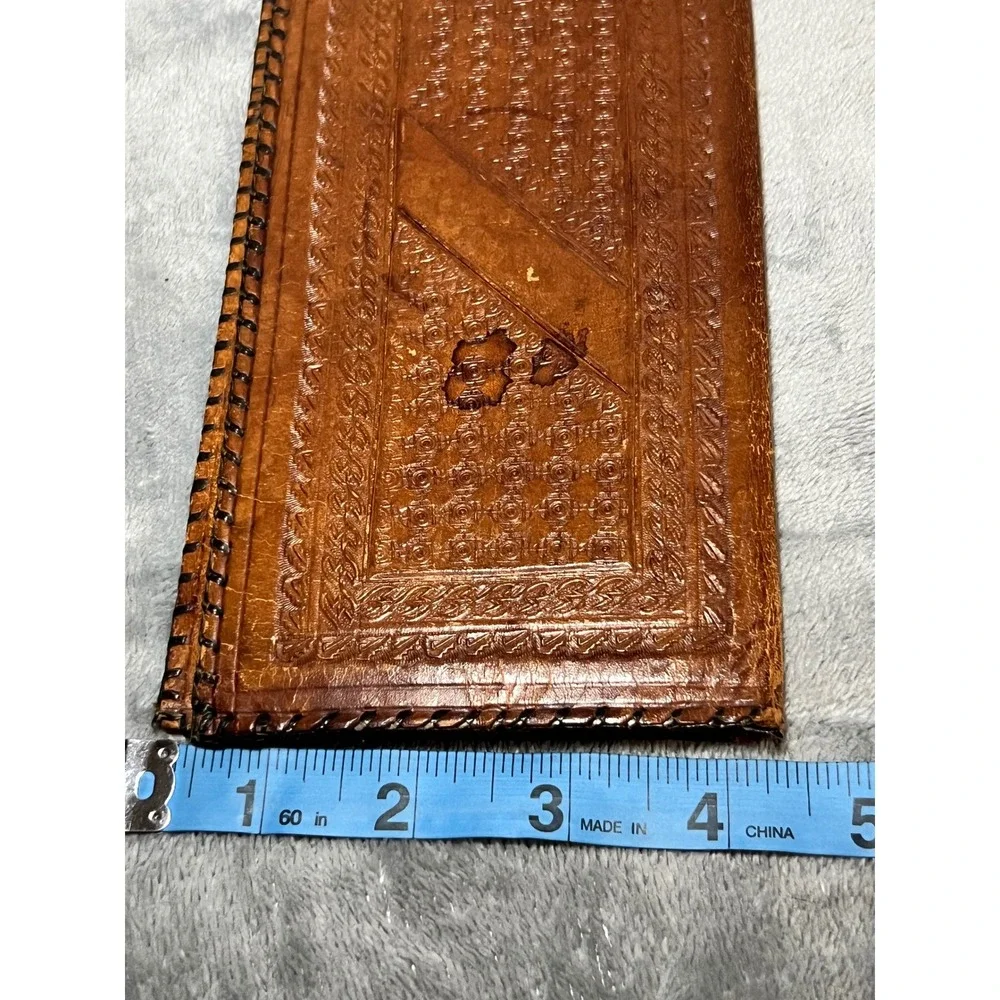 Vintage Tooled Leather Checkbook Wallet Southwest Cactus Aztec Design
